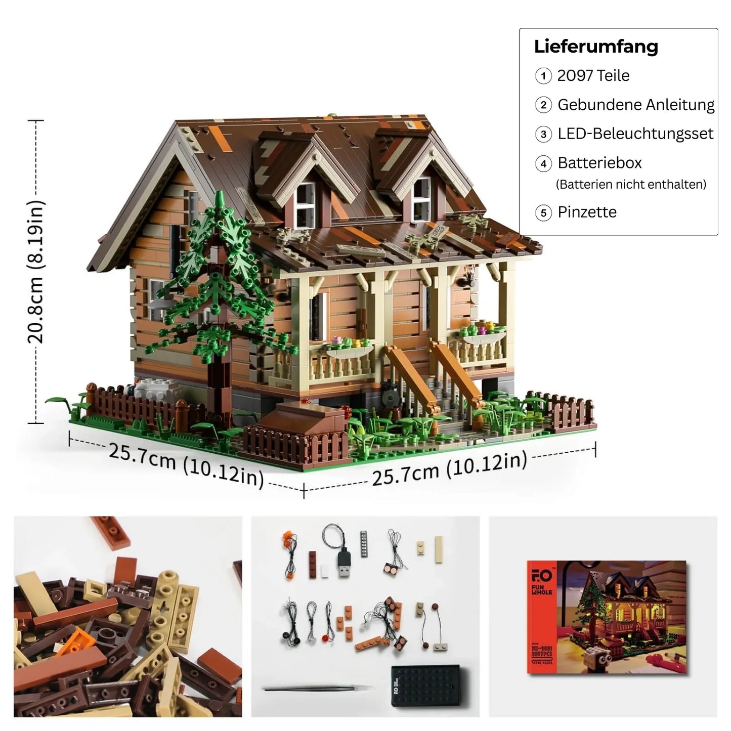 Lieferumfang und Maße des Funwhole Wood Cabin FH9001 Klemmbaustein-Sets mit Anleitung und LED-Komponenten.