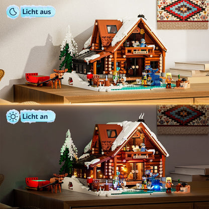 Lumibricks Aurora Cabin Klemmbaustein-Set Vergleichsbild Licht an und aus mit integrierter LED-Beleuchtung.