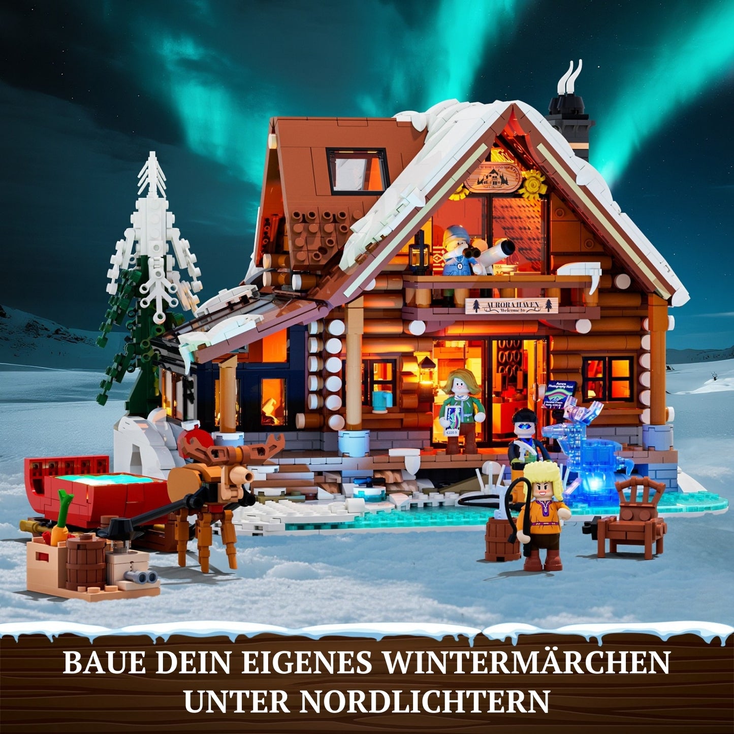 Lumibricks Aurora Cabin Klemmbaustein-Set Winterlandschaft vor Nordlicht-Hintergrund mit warmer Beleuchtung.