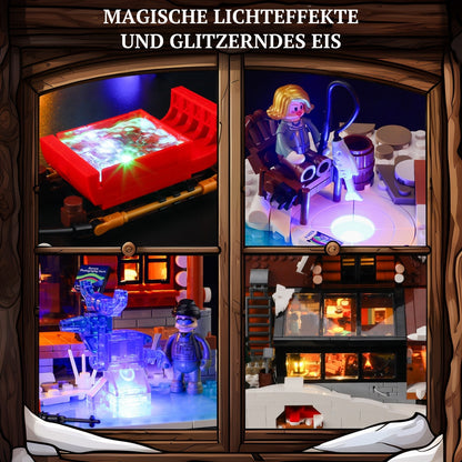 Lumibricks Aurora Cabin Klemmbaustein-Set Details mit magischen LED-Lichteffekten und leuchtendem Eis.