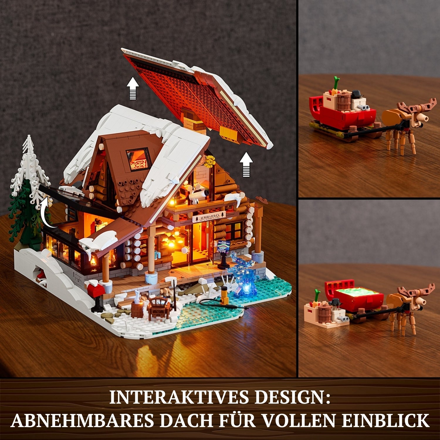 Lumibricks Aurora Cabin Klemmbaustein-Set mit abnehmbarem Dach und bespielbarem Innenraum-Design.