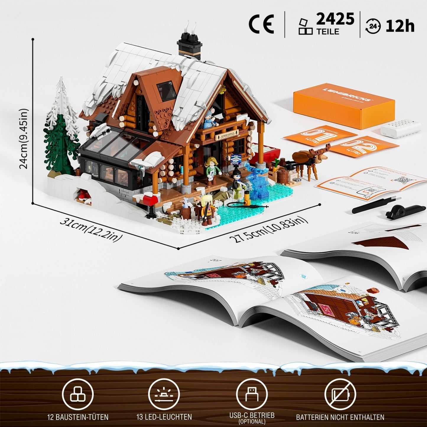 Lumibricks Aurora Cabin Klemmbaustein-Set Lieferumfang mit 2425 Teilen, Maßen und LED-Beleuchtungs-Kit.