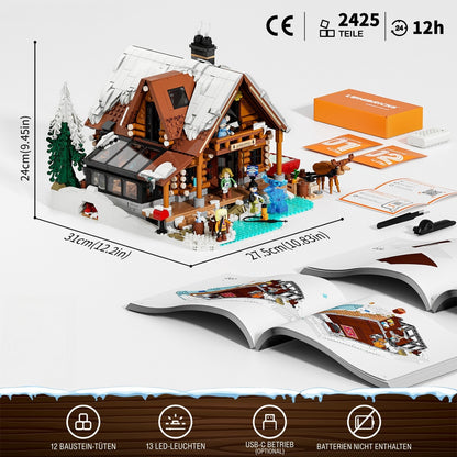 Lumibricks Aurora Cabin Klemmbaustein-Set Lieferumfang mit 2425 Teilen, Maßen und LED-Beleuchtungs-Kit.