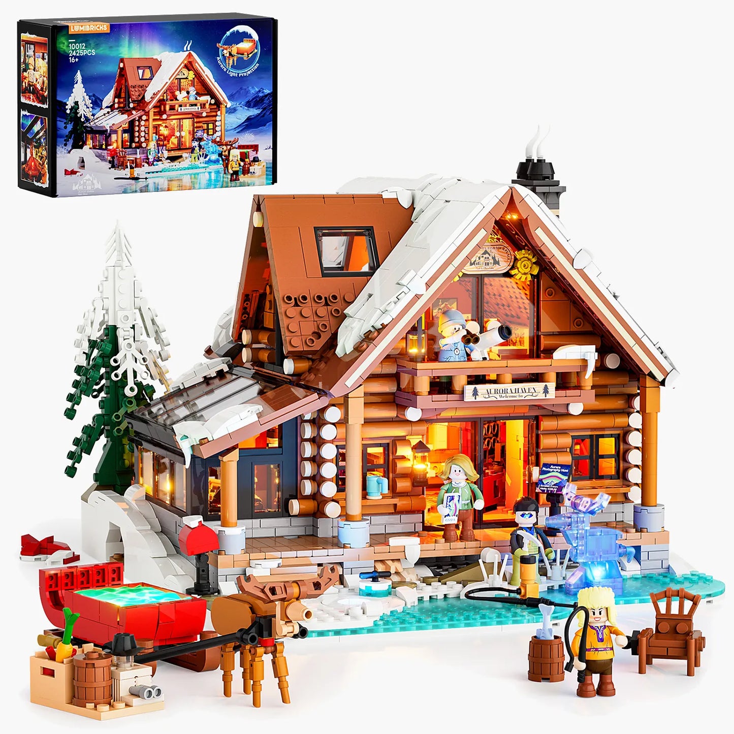 Lumibricks Aurora Cabin Klemmbaustein-Set mit Figuren, Rentier-Schlitten und Originalverpackung.