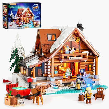 Lumibricks Aurora Cabin Klemmbaustein-Set mit Figuren, Rentier-Schlitten und Originalverpackung.