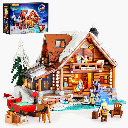 Lumibricks Aurora Cabin Klemmbaustein-Set mit Figuren, Rentier-Schlitten und Originalverpackung.