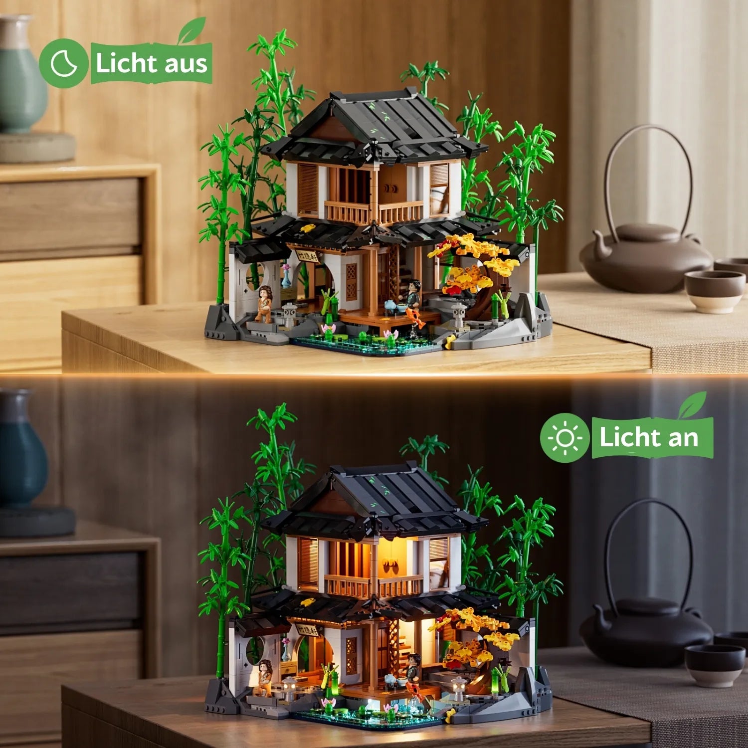 Lumibricks Bamboo House Klemmbaustein-Set Beleuchtungs-Vergleich mit integrierten LED-Lichtern.