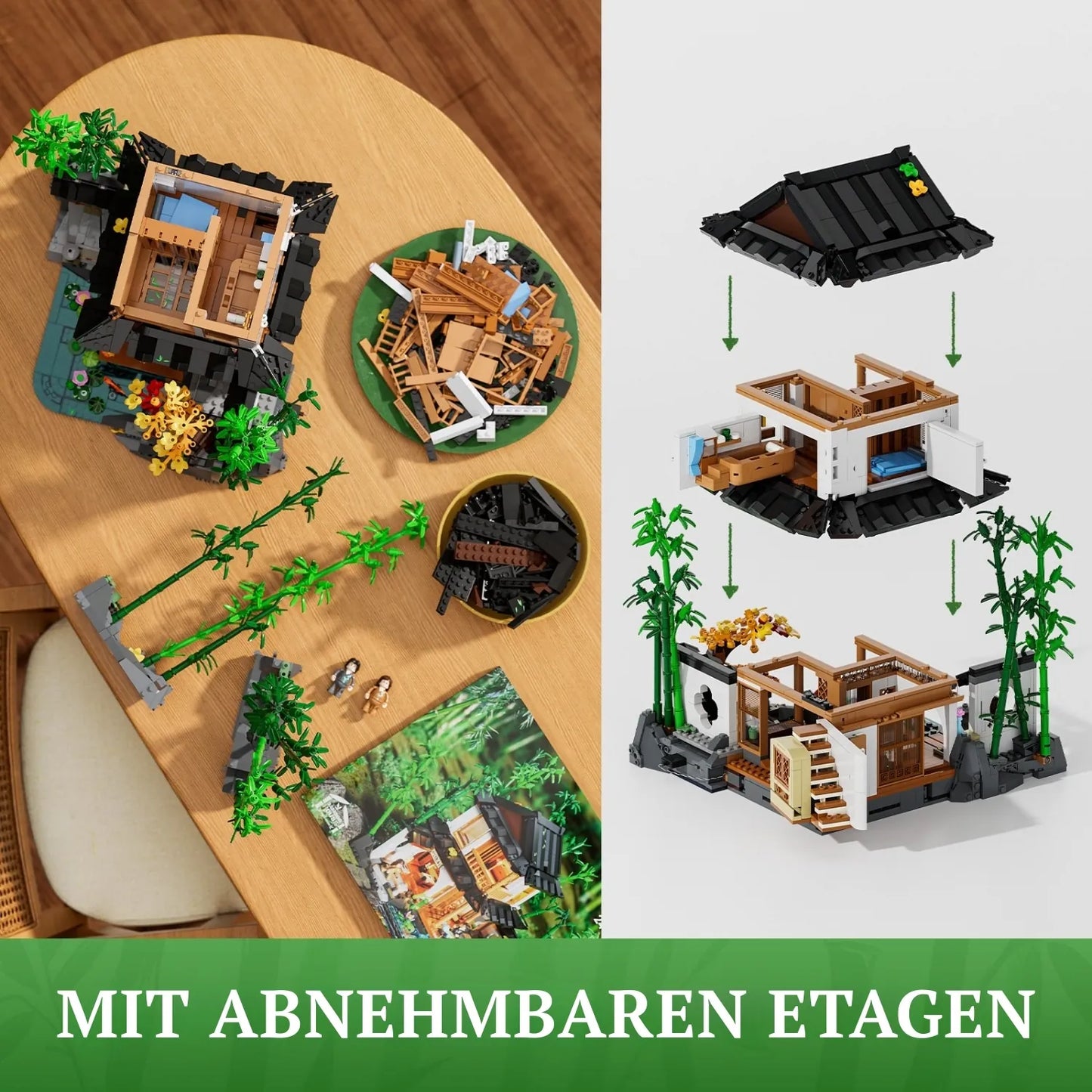 Lumibricks Bamboo House Klemmbaustein-Set mit abnehmbaren Etagen und bespielbarem Innenraum.