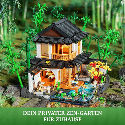 Lumibricks Bamboo House Klemmbaustein-Set Zen-Garten Szene mit Teich, Bambus und Figuren.