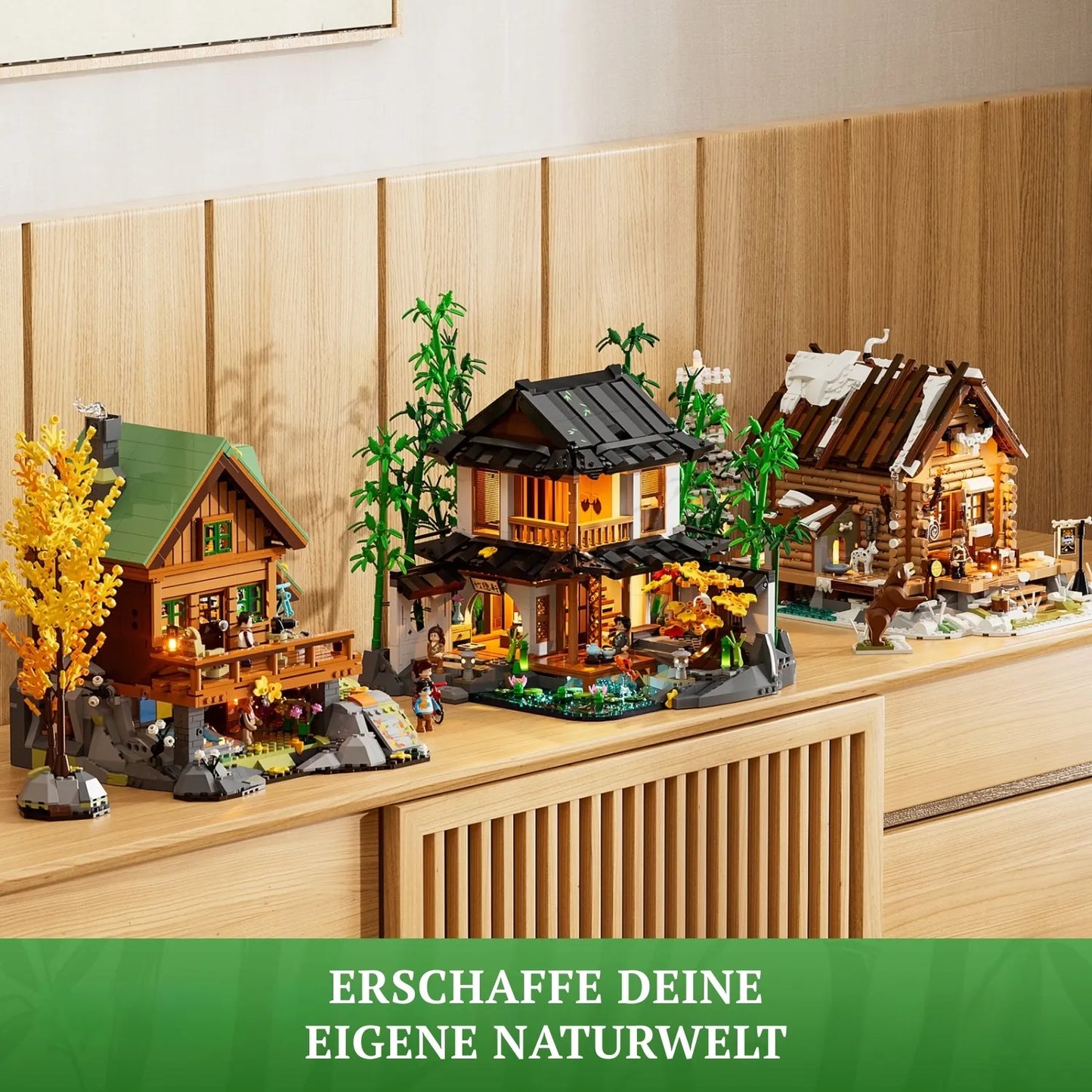 Lumibricks Bamboo House Klemmbaustein-Set als Deko im Regal neben weiteren Natur-Architektur-Sets.