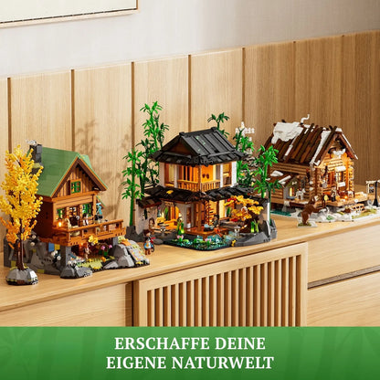 Lumibricks Bamboo House Klemmbaustein-Set als Deko im Regal neben weiteren Natur-Architektur-Sets.