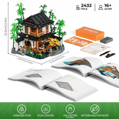 Lumibricks Bamboo House Klemmbaustein-Set Lieferumfang: 2432 Teile, Maße und LED-Licht-Kit.