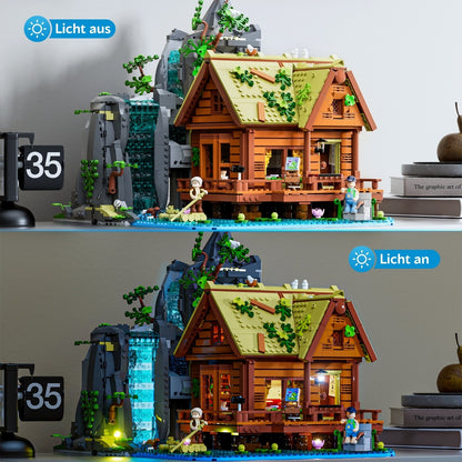 Vergleichsbild des Lumibricks Klemmbaustein-Sets L9083 mit und ohne aktivierte LED-Beleuchtung im Wohnraum.