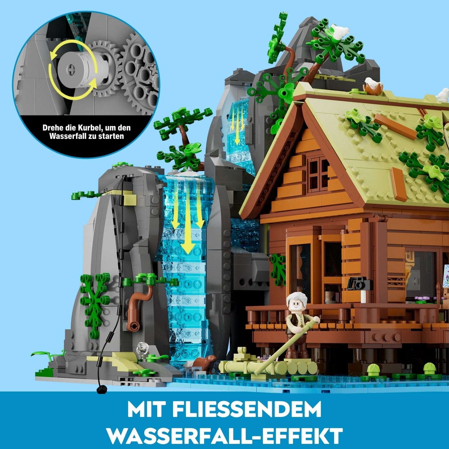 Mechanischer Wasserfall-Effekt mit handbetriebener Kurbel am Lumibricks L9083 Klemmbaustein-Set.