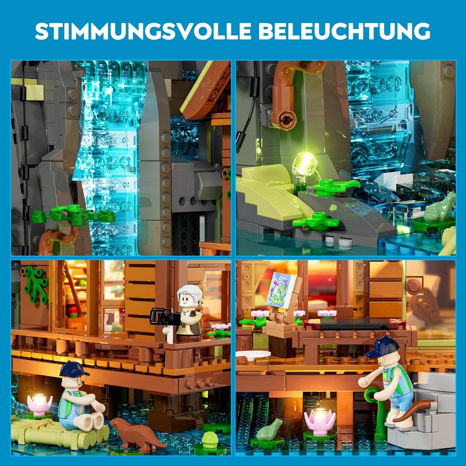 Detailansichten der stimmungsvollen Beleuchtung und Minifiguren im Lumibricks Waterfall Cabin Klemmbaustein-Set.
