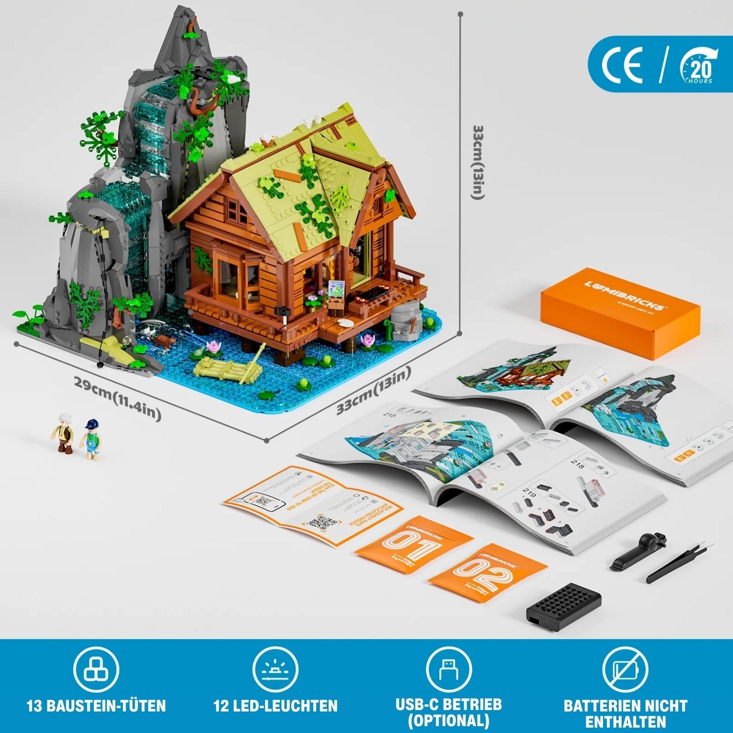 Lumibricks Klemmbaustein-Set Waterfall Cabin mit Maßen 33x29cm, Anleitung, LED-Kit und Bausteine-Tüten.