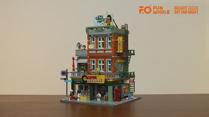 Unboxing und Detailansicht des Funwhole Record Store Plattenladen F9058 Klemmbausteine-Sets mit Beleuchtung.