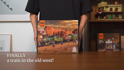 Unboxing und Detailansicht des Funwhole Western Freight Train Eisenbahn F9036 Klemmbausteine-Sets mit Beleuchtung.