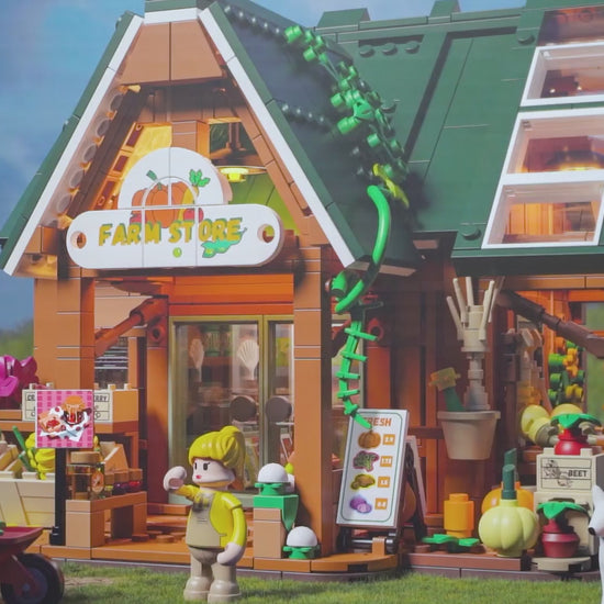 Unboxing und Detailansicht des Funwhole Farm Store Hofladen F9029 Klemmbausteine-Sets mit Beleuchtung.