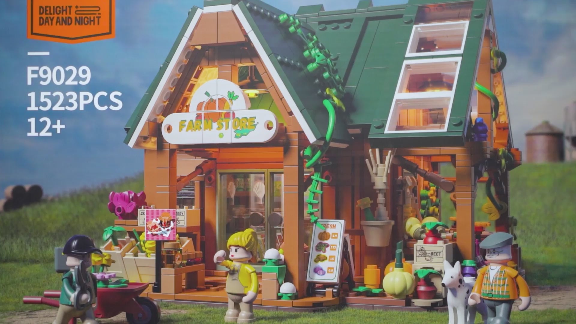 Unboxing und Detailansicht des Funwhole Farm Store Hofladen F9029 Klemmbausteine-Sets mit Beleuchtung.