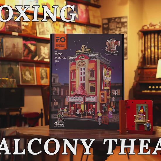 Unboxing und Detailansicht des Funwhole Theater Balkon F9056 Klemmbausteine-Sets mit Beleuchtung.