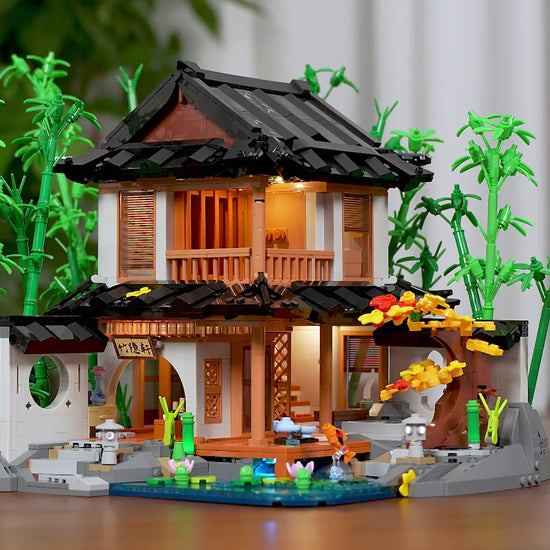 Unboxing und Detailansicht des Lumibricks Bamboo House L9075 Klemmbausteine-Sets mit Beleuchtung.