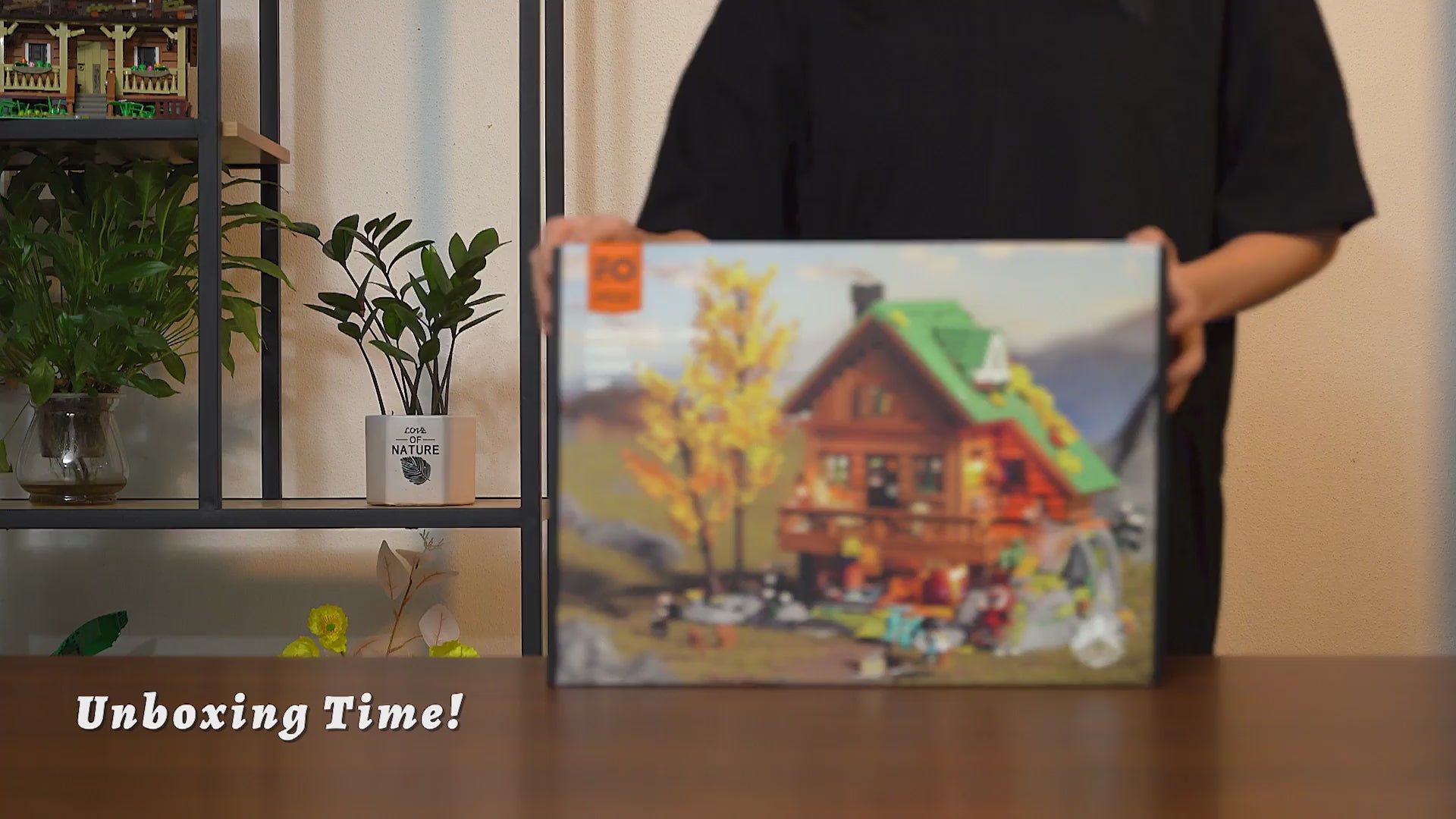 Unboxing und Detailansicht des Funwhole Mountain Cabin Berghütte F9035 Klemmbausteine-Sets mit Beleuchtung.