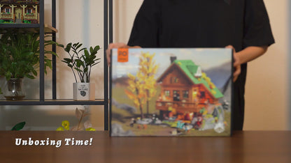 Unboxing und Detailansicht des Funwhole Mountain Cabin Berghütte F9035 Klemmbausteine-Sets mit Beleuchtung.