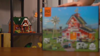 Unboxing und Detailansicht des Funwhole The Cow Barn Farm Bauernhof F9037 Klemmbausteine-Sets mit Beleuchtung.